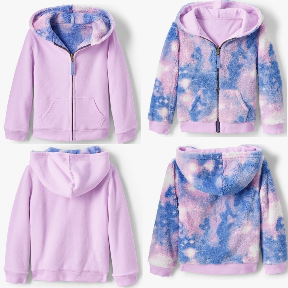 Lands' End Pattern Sherpa Lined Hoodie Lilac Thistle Galaxy Tie Dye Kids Husky